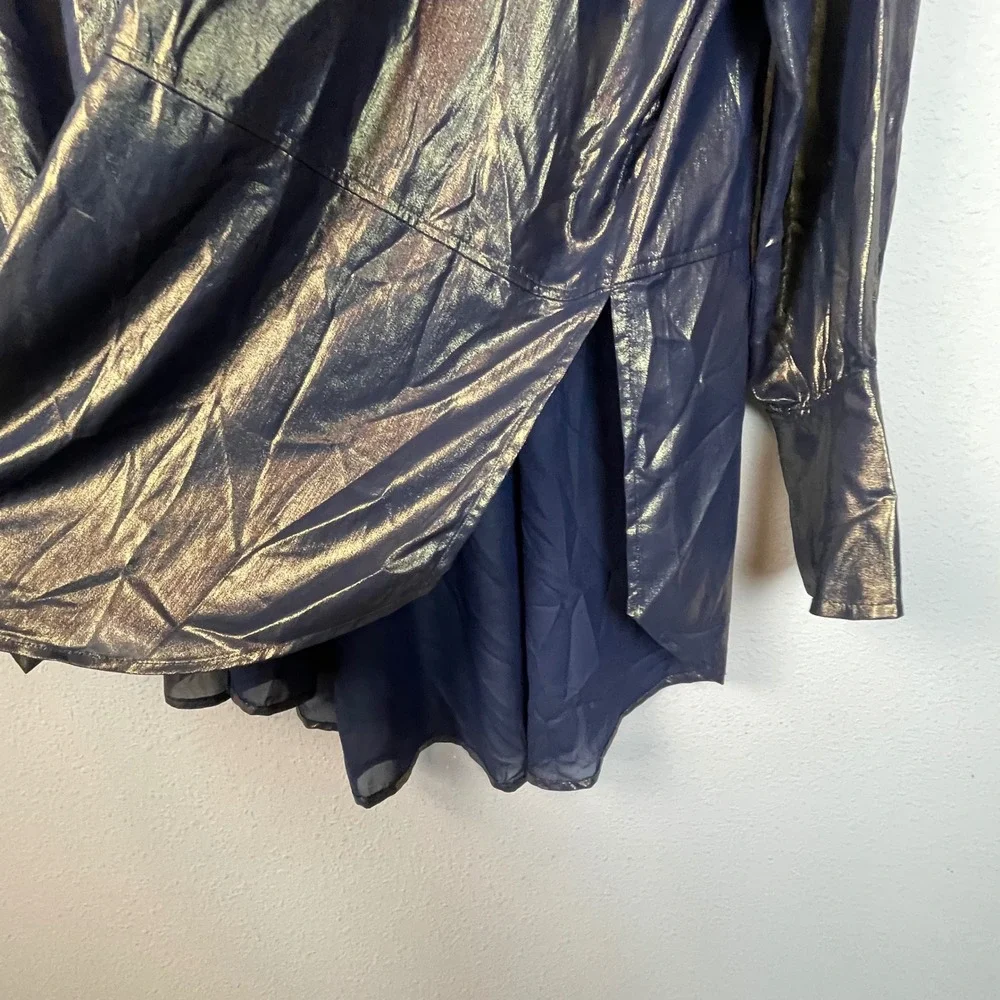 Free People Metallic Sheen Button Down Shirt Blouse‎ Navy Gold XS Oversized